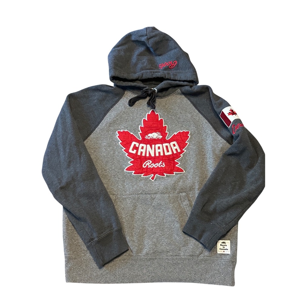 Roots Canada Raglan Hoodie Grey/Red‎ Maple Leaf Patch Sweatshirt Small